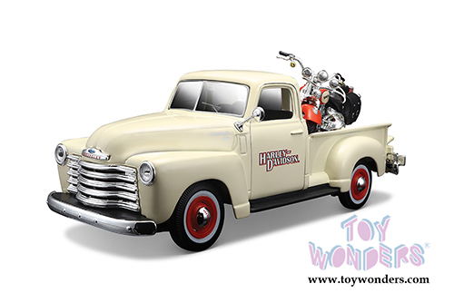 Maisto HD - Chevrolet&reg; 3100&trade; Pickup Truck Harley-Davidson / FLSTS Heritage&trade; Springer Motorcycle (1950/2001, 1/24 scale diecast model car/1/24 scale diecast model car, Cream & Orange) 32194