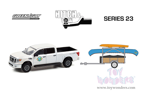 Greenlight - Hitch & Tow Series 23 | Nissan Titan XD Pro-4X "Whitewater Canoe Rental” with Canoe Trailer with Canoe Rack, Canoe and Kayak (2019, 1/64 scale diecast model car, White) 32230A/24