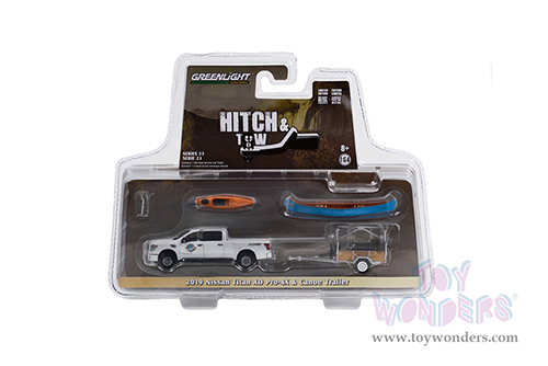 Greenlight - Hitch & Tow Series 23 | Nissan Titan XD Pro-4X "Whitewater Canoe Rental” with Canoe Trailer with Canoe Rack, Canoe and Kayak (2019, 1/64 scale diecast model car, White) 32230A/24