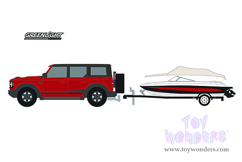 Greenlight - Hitch & Tow Series 23 | Ford Bronco Wildtrak & Boat Trailer (2021, 1/64 scale diecast model car, Red) 32230D/24