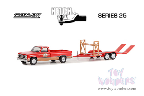 Greenlight - Hitch & Tow Series 25 | GMC&reg; K-2500 Sierra Grande Wideside Pickup Truck Busted Knuckle Garage and Tandem Car Trailer (1982, 1/64 scale diecast model car, Red and Beige) 32250B/24