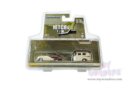 Greenlight - Hitch & Tow Series 26 | Buick Roadmaster Hardtop and Airstream 16' Bambi (1949, 1/64 scale diecast model car, Brown/Tan) 32260A/24