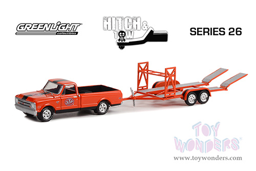 Greenlight - Hitch & Tow Series 26 | Chevrolet&reg; C-10 Pickup Truck Bed Cover and Tandem Car Trailer "STP" (1968, 1/64 scale diecast model car, Orange) 32260B/24
