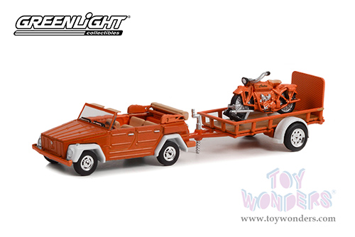 Greenlight - Hitch & Tow Series 26 | 1973 Volkswagen Thing (Type 181) Convertible and 1920 Indian Scout Motorcycle with Utility Trailer (1/64 scale diecast model car, Orange) 32260C/24