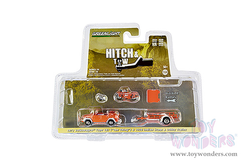 Greenlight - Hitch & Tow Series 26 | 1973 Volkswagen Thing (Type 181) Convertible and 1920 Indian Scout Motorcycle with Utility Trailer (1/64 scale diecast model car, Orange) 32260C/24