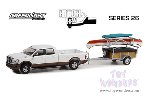 Greenlight - Hitch & Tow Series 26 | Ram 2500 Limited Longhorn Pickup Truck with Canoe Trailer with Canoe Rack, Canoe and Kayak (2022, 1/64 scale diecast model car, White/Walnut Brown) 32260D24