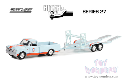 Greenlight - Hitch & Tow Series 27 | Chevrolet&reg; C-10 Shortbed Pickup Truck and Tandem Car Trailer "Gulf Oil" (1968, 1/64 scale diecast model car, Light Blue/Orange) 32270A/24