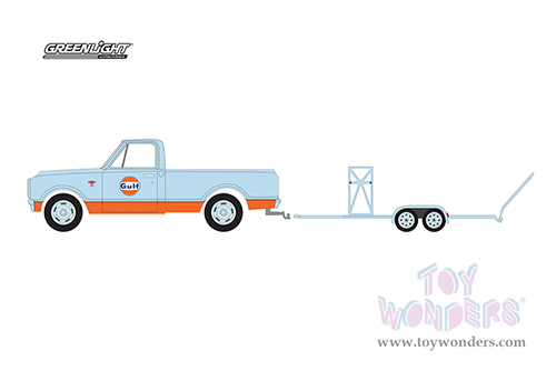 Greenlight - Hitch & Tow Series 27 | Chevrolet&reg; C-10 Shortbed Pickup Truck and Tandem Car Trailer "Gulf Oil" (1968, 1/64 scale diecast model car, Light Blue/Orange) 32270A/24