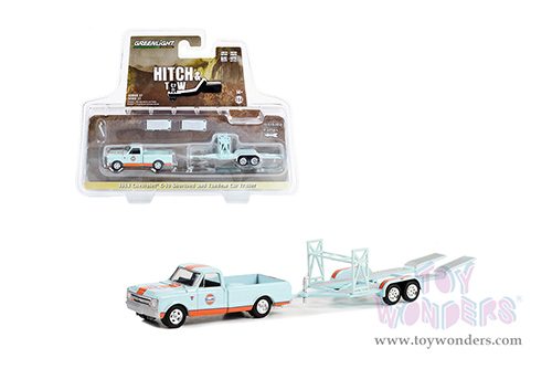 Greenlight - Hitch & Tow Series 27 | Chevrolet&reg; C-10 Shortbed Pickup Truck and Tandem Car Trailer "Gulf Oil" (1968, 1/64 scale diecast model car, Light Blue/Orange) 32270A/24