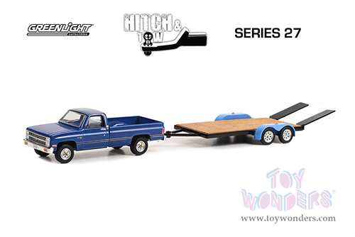 Greenlight - Hitch & Tow Series 27 | Chevrolet&reg; C-20 Trailering Special Pickup Truck and Flatbed Trailer (1981, 1/64 scale diecast model car, Blue) 32270B/24