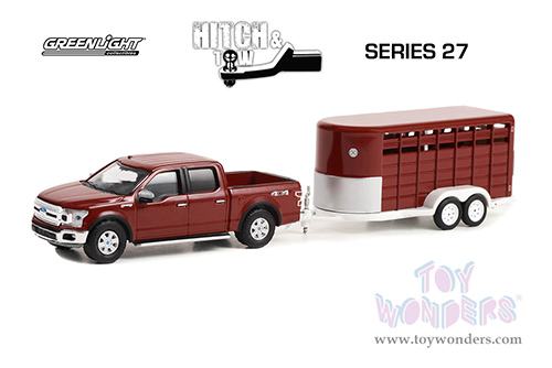 Greenlight - Hitch & Tow Series 27 | Ford F-150 XLT Pickup Truck and Livestock Trailer (2019, 1/64 scale diecast model car, Red) 32270D/24