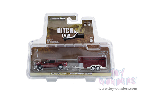 Greenlight - Hitch & Tow Series 27 | Ford F-150 XLT Pickup Truck and Livestock Trailer (2019, 1/64 scale diecast model car, Red) 32270D/24