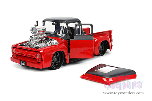 Jada Toys Just Trucks - Ford F-100 Pickup Truck with Extra Wheels (1956, 1/24 scale diecast model car, Dark Gray/Red) 33019
