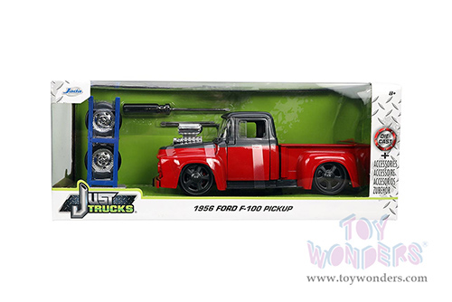 Jada Toys Just Trucks - Ford F-100 Pickup Truck with Extra Wheels (1956, 1/24 scale diecast model car, Dark Gray/Red) 33019