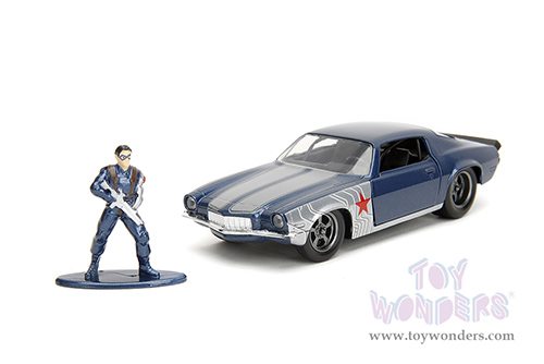 Jada Toys - Hollywood Rides | Marvel Avengers Chevrolet&reg; Camaro&reg; with Winter Soldier Diecast Figure (1973, 1/32 scale diecast model car, Blue/Gray Stripes) 33073