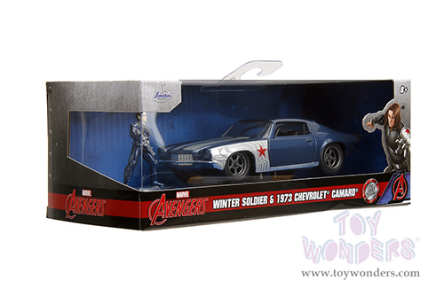 Jada Toys - Hollywood Rides | Marvel Avengers Chevrolet&reg; Camaro&reg; with Winter Soldier Diecast Figure (1973, 1/32 scale diecast model car, Blue/Gray Stripes) 33073