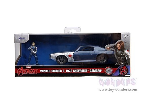 Jada Toys - Hollywood Rides | Marvel Avengers Chevrolet&reg; Camaro&reg; with Winter Soldier Diecast Figure (1973, 1/32 scale diecast model car, Blue/Gray Stripes) 33073