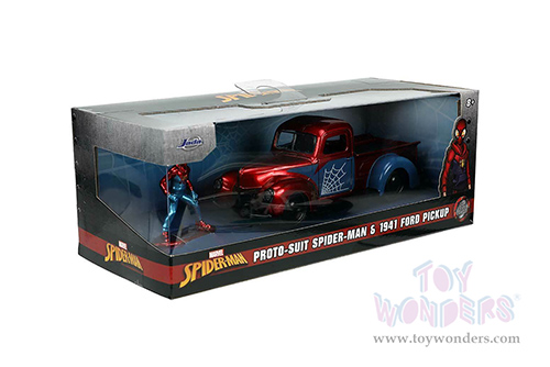 Jada Toys Hollywood Rides - Ford Pickup Truck with Proto-Suit Spider-Man Diecast Figurine (1941, 1/32 scale diecast model car, Candy Red/Blue) 33075