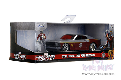 Jada Toys - Hollywood Rides | Marvel Guardians of the Galaxy Ford Mustang with Star Lord Diecast Figure (1969, 1/32 scale diecast model car, Silver/Dark Red) 33077