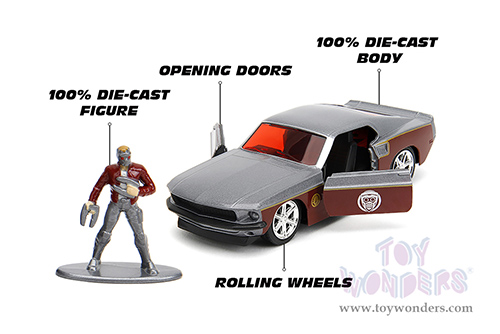Jada Toys - Hollywood Rides | Marvel Guardians of the Galaxy Ford Mustang with Star Lord Diecast Figure (1969, 1/32 scale diecast model car, Silver/Dark Red) 33077