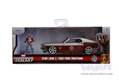 Jada Toys - Hollywood Rides | Marvel Guardians of the Galaxy Ford Mustang with Star Lord Diecast Figure (1969, 1/32 scale diecast model car, Silver/Dark Red) 33077