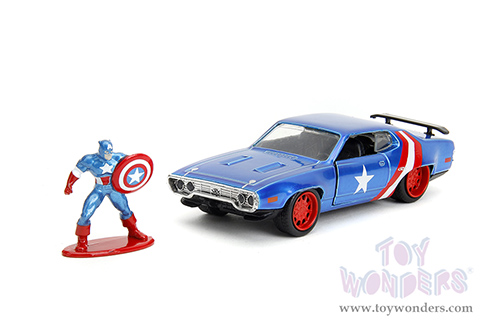 Jada Toys - Hollywood Rides | Marvel Avengers Plymouth GTX with Captain America Diecast Figure (1972, 1/32 scale diecast model car, Blue/Red and White Stripes) 33081