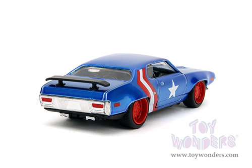 Jada Toys - Hollywood Rides | Marvel Avengers Plymouth GTX with Captain America Diecast Figure (1972, 1/32 scale diecast model car, Blue/Red and White Stripes) 33081