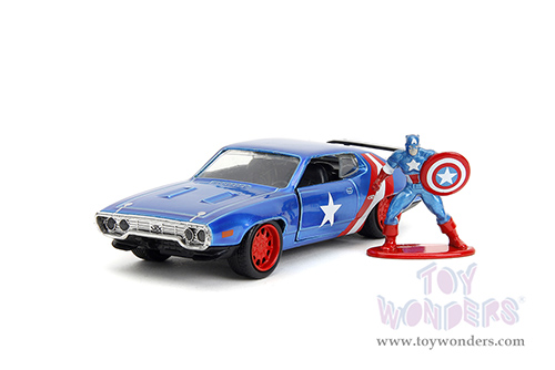 Jada Toys - Hollywood Rides | Marvel Avengers Plymouth GTX with Captain America Diecast Figure (1972, 1/32 scale diecast model car, Blue/Red and White Stripes) 33081