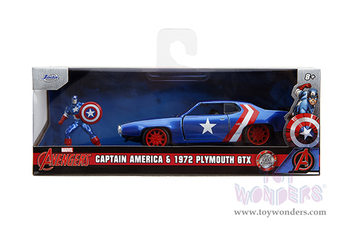Jada Toys - Hollywood Rides | Marvel Avengers Plymouth GTX with Captain America Diecast Figure (1972, 1/32 scale diecast model car, Blue/Red and White Stripes) 33081