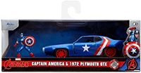 Jada Toys - Hollywood Rides | Marvel Avengers Plymouth GTX with Captain America Diecast Figure (1972, 1/32 scale diecast model car, Blue/Red and White Stripes) 33081