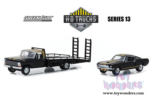 Greenlight - Heavy Duty Trucks Series 13 | 1968 Ford F-350 Ramp Truck with 1966 Shelby Mustang GT350H (1/64 scale diecast model car, Black/Yellow) 33130A/48