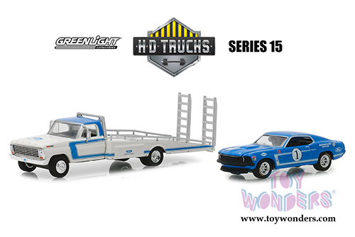 Greenlight - Heavy Duty Trucks Series 15 | Ford Performance 1969 F-350 Ramp Truck with Mustang Clubs Racing Team #1 1969 Ford Mustang Boss 302 (1969, 1/64 scale diecast model car, Blue/White) 33150A/48