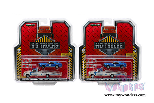 Greenlight - Heavy Duty Trucks Series 15 | Ford Performance 1969 F-350 Ramp Truck with Mustang Clubs Racing Team #1 1969 Ford Mustang Boss 302 (1969, 1/64 scale diecast model car, Blue/White) 33150A/48
