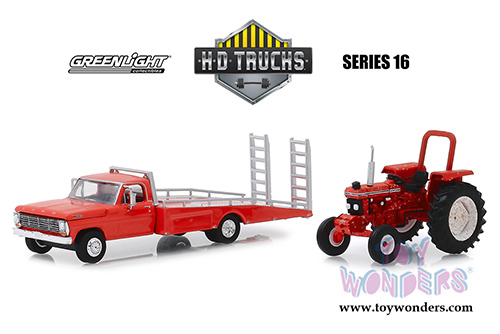 Greenlight - Heavy Duty Trucks Series 16 | 1969 F-350 Ramp Truck with Unrestored 1958 Ford 5610 Tractor (1958, 1969, 1/64 scale diecast model car, Red) 33160A/48