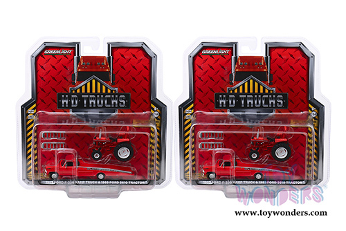 Greenlight - Heavy Duty Trucks Series 16 | 1969 F-350 Ramp Truck with Unrestored 1958 Ford 5610 Tractor (1958, 1969, 1/64 scale diecast model car, Red) 33160A/48