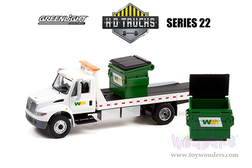 Greenlight - Heavy Duty Trucks Series 22 | International&reg; DuraStar&reg; Flatbed Truck with 2 Commercial Dumpsters "Waste Management" (2013, 1/64 scale diecast model car, White) 33220B/48