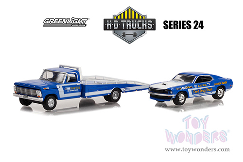 Greenlight - Heavy Duty Trucks Series 24 | 1969 Ford F-350 Ramp Truck Blue "The Going Thing" and 1969 Ford Mustang "Hubert Platt's Georgia Shaker" "Ford Drag Team" (1/64 scale diecast model car, Blue) 33240A/48