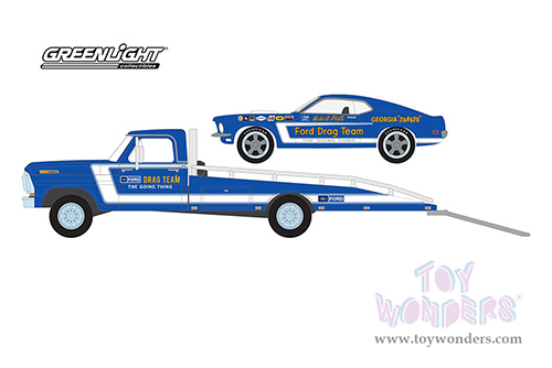 Greenlight - Heavy Duty Trucks Series 24 | 1969 Ford F-350 Ramp Truck Blue "The Going Thing" and 1969 Ford Mustang "Hubert Platt's Georgia Shaker" "Ford Drag Team" (1/64 scale diecast model car, Blue) 33240A/48