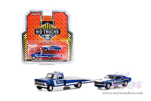 Greenlight - Heavy Duty Trucks Series 24 | 1969 Ford F-350 Ramp Truck Blue "The Going Thing" and 1969 Ford Mustang "Hubert Platt's Georgia Shaker" "Ford Drag Team" (1/64 scale diecast model car, Blue) 33240A/48