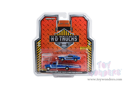 Greenlight - Heavy Duty Trucks Series 24 | 1969 Ford F-350 Ramp Truck Blue "The Going Thing" and 1969 Ford Mustang "Hubert Platt's Georgia Shaker" "Ford Drag Team" (1/64 scale diecast model car, Blue) 33240A/48
