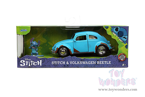 Jada Toys Hollywood Rides - "Lilo and Stitch" Volkswagen Beetle (Weathered) with Stitch Diecast Figurine (1/32 scale diecast model car, Matte Blue) 33251