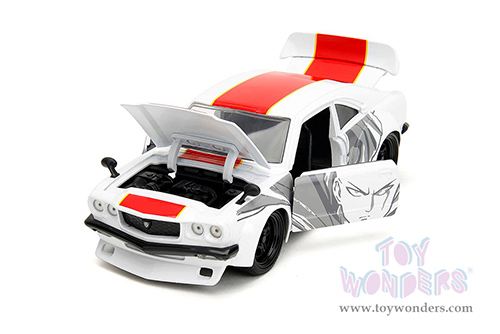 Jada Toys - Hollywood Rides | Mazda RX-3 with Saitama Diecast Figure "One Punch Man" (2015-2019) TV Series (1974, 1/24, diecast model car, White/Red stripe) 33688