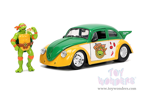 Jada Toys - Hollywood Rides | Volkswagen Drag Beetle with Michelangelo Diecast Figure "Teenage Mutant Ninja Turtles" (1959, 1/24, diecast model car, Green/Yellow) 33741
