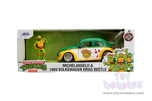 Jada Toys - Hollywood Rides | Volkswagen Drag Beetle with Michelangelo Diecast Figure "Teenage Mutant Ninja Turtles" (1959, 1/24, diecast model car, Green/Yellow) 33741