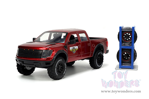Jada Toys Just Trucks - Ford F-150 SVT Raptor Pickup Truck "Mickey Thompson Tires & Wheels" with Extra Wheels (2011, 1/24 scale diecast model car, Candy Red) 33854