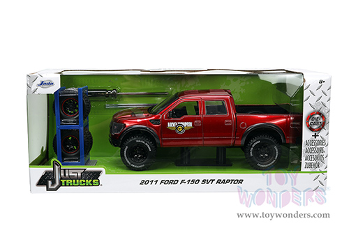 Jada Toys Just Trucks - Ford F-150 SVT Raptor Pickup Truck "Mickey Thompson Tires & Wheels" with Extra Wheels (2011, 1/24 scale diecast model car, Candy Red) 33854