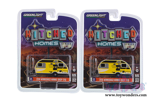 Greenlight - Hitched Homes Series 1 | Winnebago Winnie Drop 1710 Travel Trailer (2016, 1/64 scale diecast model car, Yellow/Black) 34010D/48