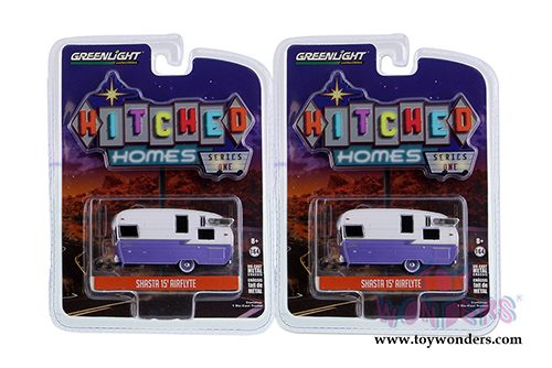 Greenlight - Hitched Homes Series 1 | Shasta 15' Airflyte Travel Trailer (1/64 scale diecast model car, White/Purple) 34010E/48