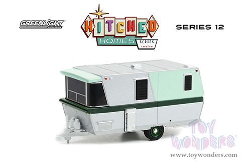 Greenlight - Hitched Homes Series 12 | Holiday House Travel Trailer (1962, 1/64 scale diecast model car, Silver and Mint Green with Dark Green Stripes) 34120A/48