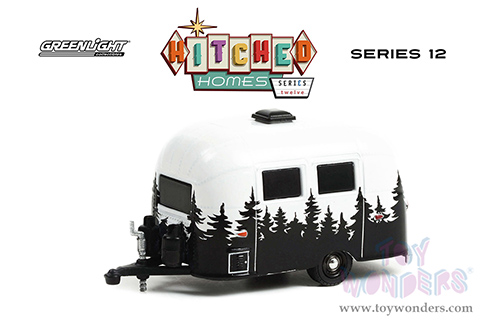Greenlight - Hitched Homes Series 12 | Airstream 16’ Bambi Travel Trailer (1961, 1/64 scale diecast model car, White with Black Forest Mural) 34120E/48